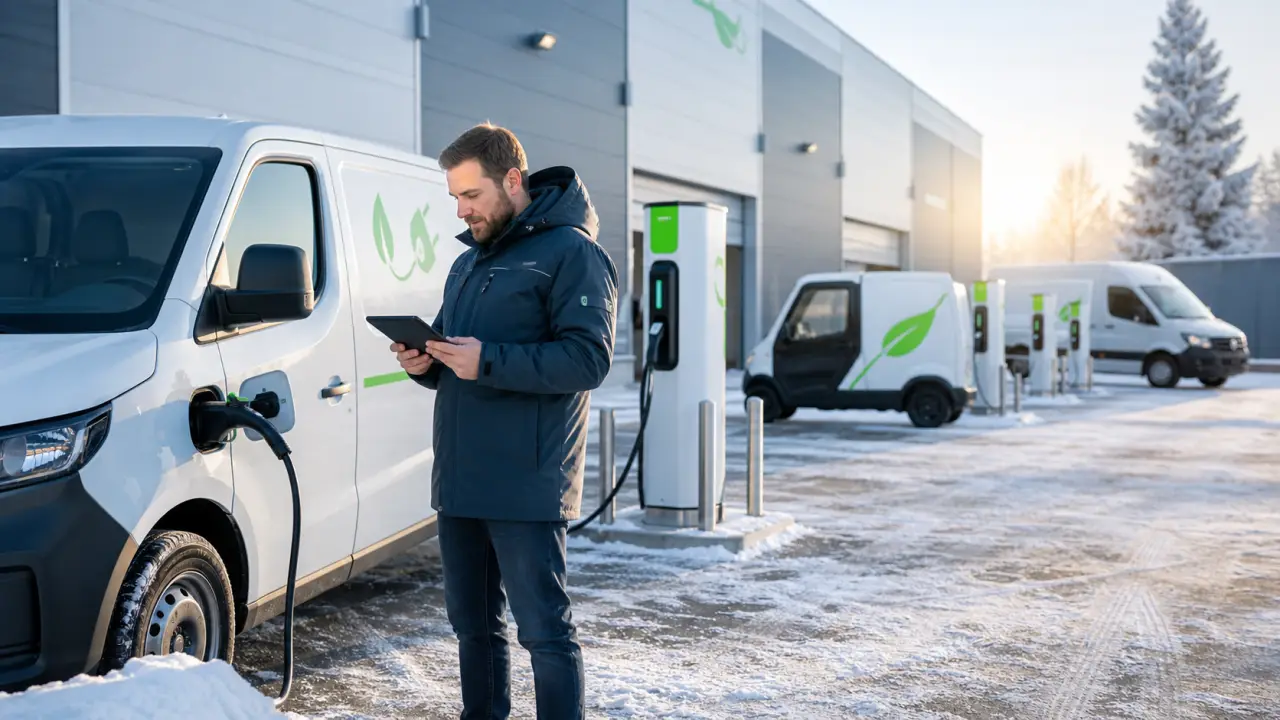 Utilitaires électriques alignés dans un site logistique par temps froid