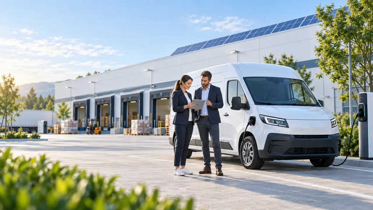 Flotte d'utilitaires électriques devant un entrepôt logistique