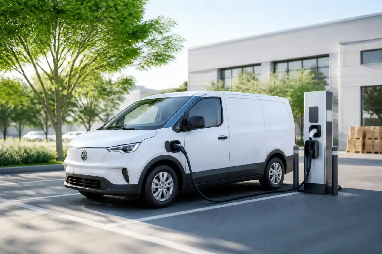 Utilitaires électriques de la flotte EcoTraction alignés devant un entrepôt logistique moderne